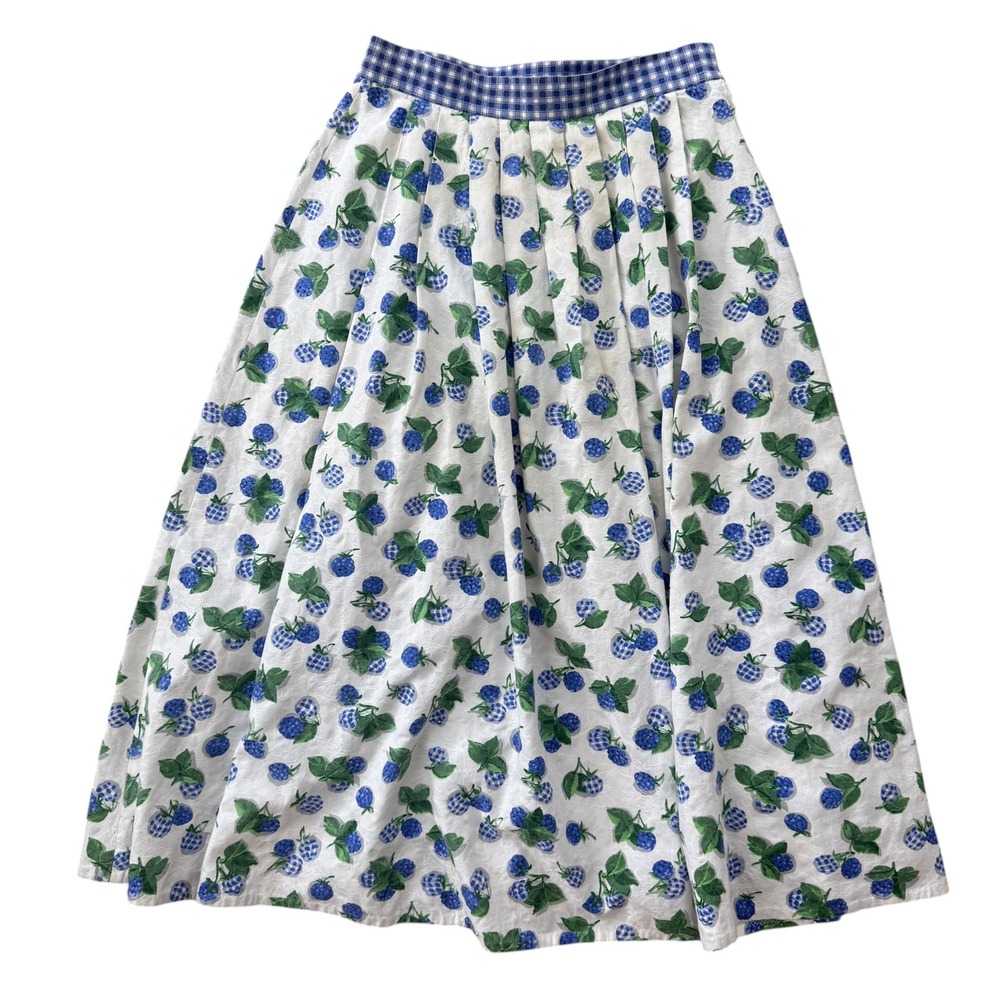 Vintage 50s Blueberry Fruit Print Full Skirt Gingham Waist XS White Blue